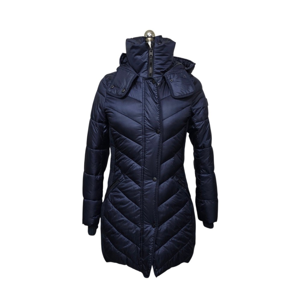 Abercrombie & Fitch Navy Blue Chevron Puffer Jacket Hooded Water Resistant sz XS